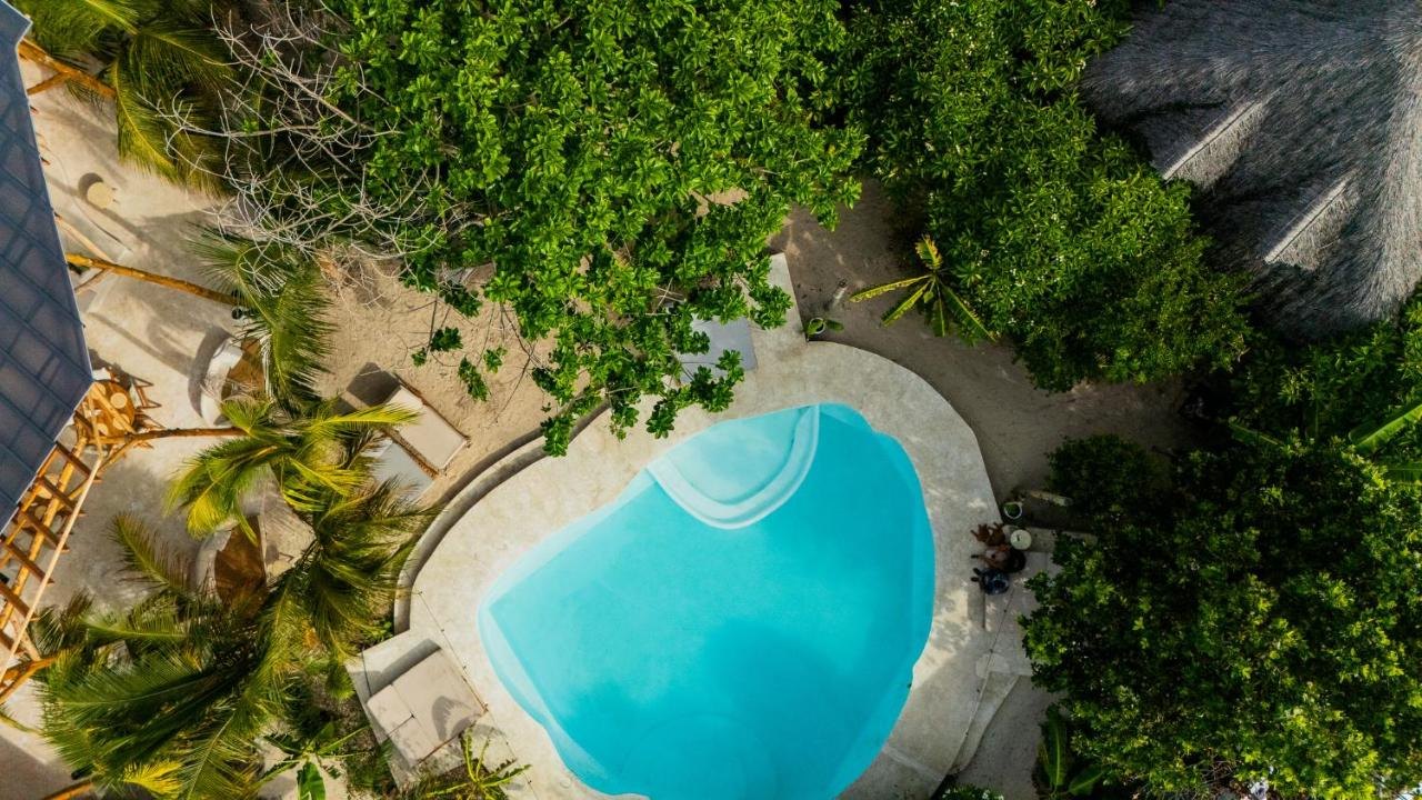 Aerial view of a pool cut into the rocks and surrounded by jungle